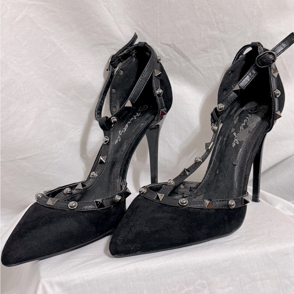 Black T-Strap Studded Pumps